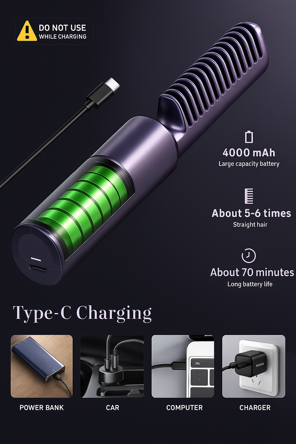 Menefix Cordless Mini Hair Straightener/Hot Comb – Rechargeable, Travel Size