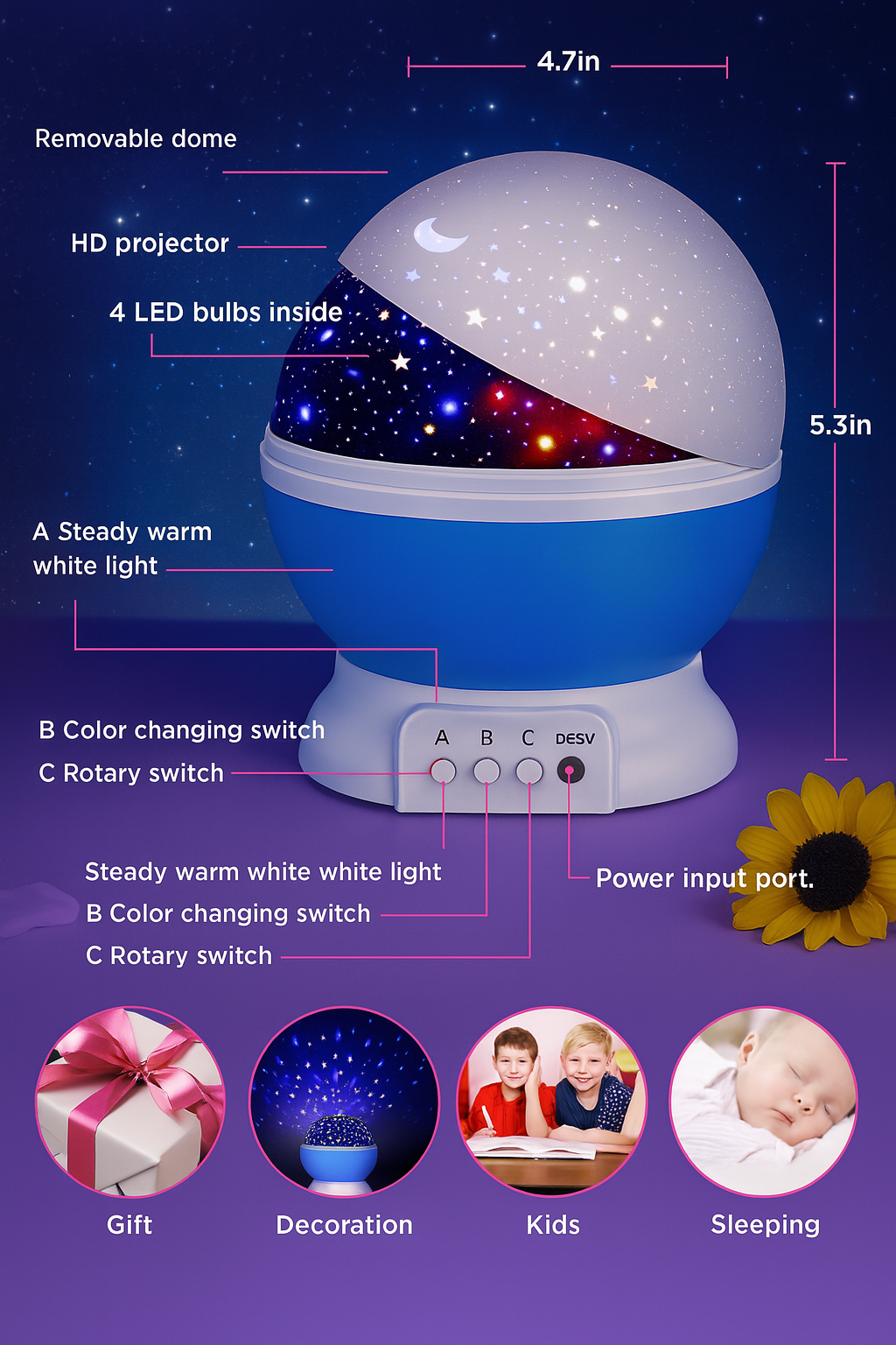 Starry Sky Galaxy Projector – 360° Night Light Lamp