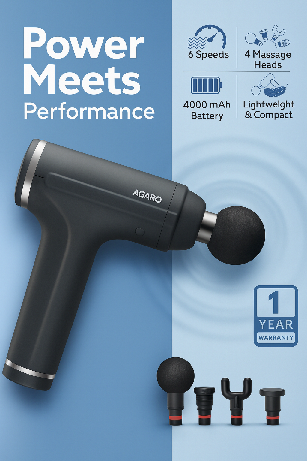 AGARO Galaxy Massage Gun – 25W, 3500 RPM | Deep Tissue Percussion Massager (4 Heads, Rechargeable)