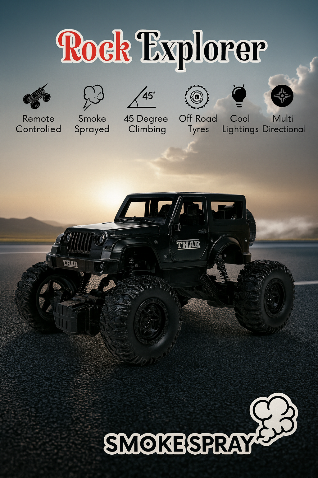 Black RC Off-Road Thar with Mist Smoke – 1:18 Scale Rechargeable Monster Truck Toy