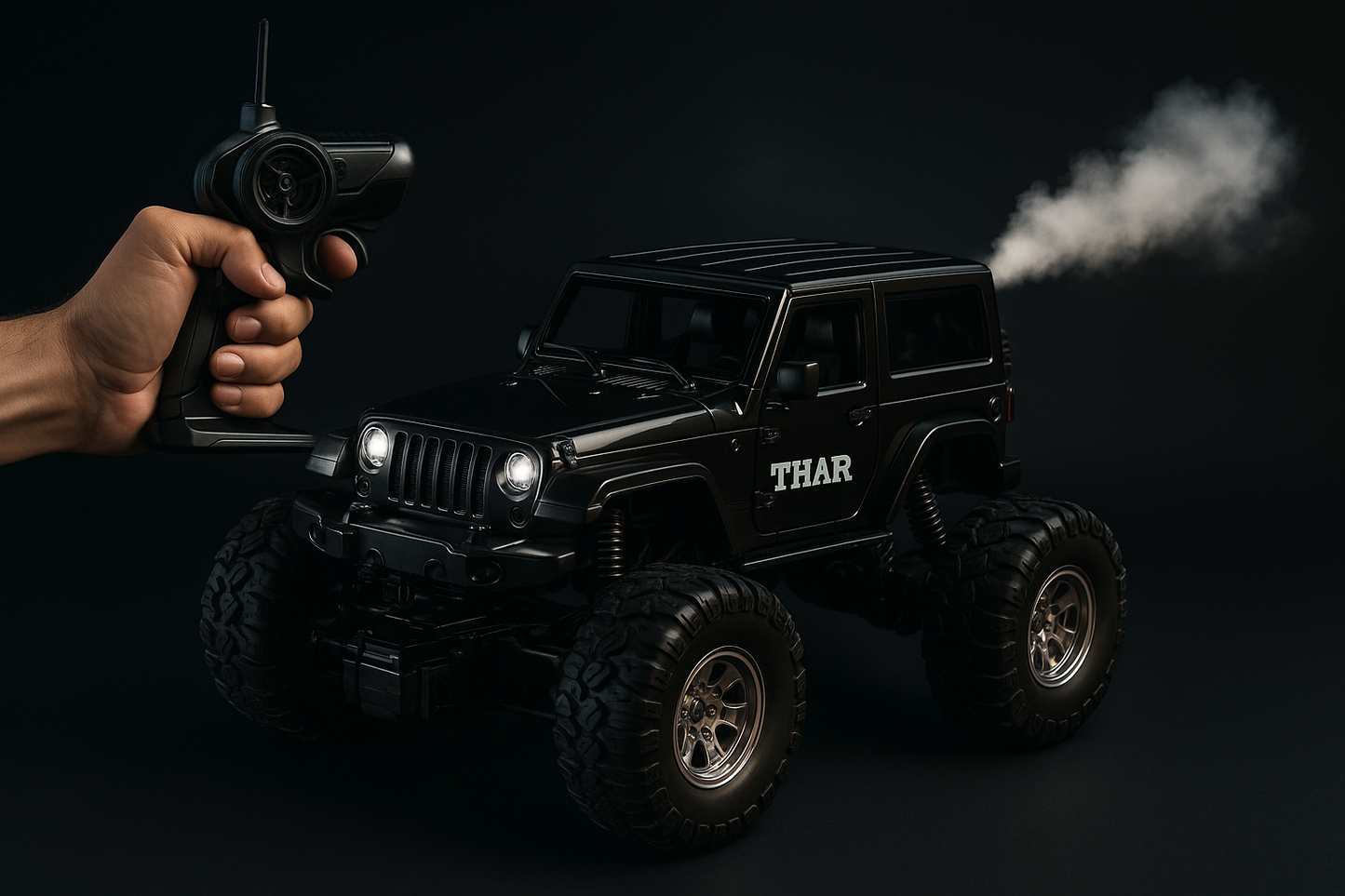 Black RC Off-Road Thar with Mist Smoke – 1:18 Scale Rechargeable Monster Truck Toy