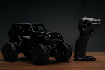 Black RC Off-Road Thar with Mist Smoke – 1:18 Scale Rechargeable Monster Truck Toy